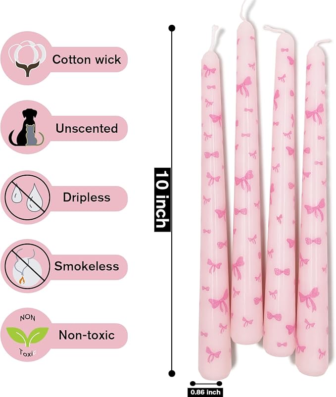 Birthday Bowknot Candles 4 Pcs Unscented, Smokeless, Dripless Long Tapered Candlesticks Candles for Birthday Dinner Dating Wedding Party Home Decor