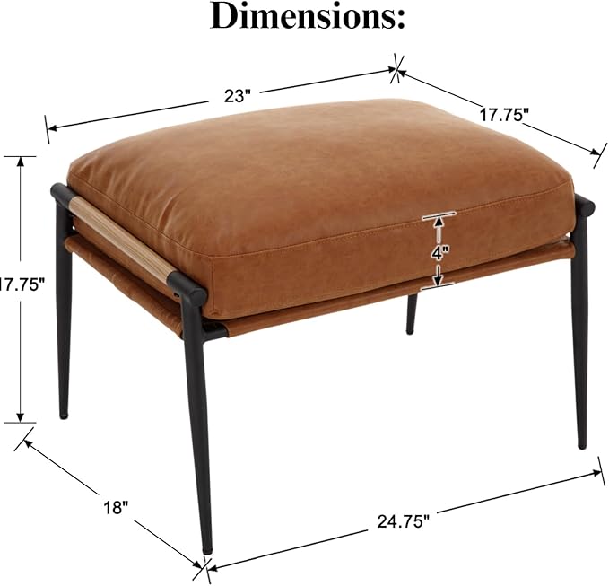 Mid-Century Ottoman, Soft PU Leather Entryway Bench Ottoman Foot Rest with Metal Legs Single Seat for Living Room Reading Room, Brown