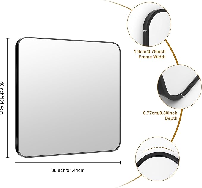 KOCUUY Bathroom Mirror 36"x40", Black Rectangle Mirrors for Wall, Large Metal Framed Vanity Mirror with Rounded Corner for Bedroom Living Room and Entryways Hangs Horizontal/Vertical