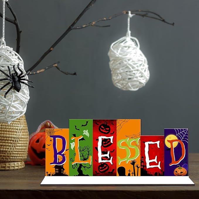 Fall Halloween Office Decor Wooden Table Desk Sign Decorations Reversible Double Side Halloween and Autumn Tabletop Sign Fall Thanksgiving Centerpiece Farmhouse Decor for Home Office Party Desk