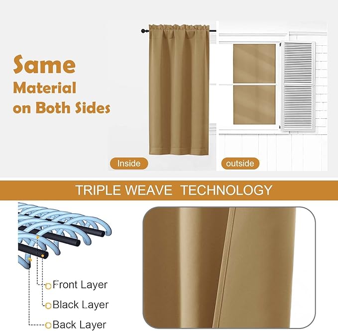 Aiyufeng Gold Blackout Curtains for Bedroom 63 Inch Length 2 Panels Set, Solid Thermal Insulated Energy Saving Rod Pocket Window Treatment Curtains Blackout Drapes, W40 x L63 Inch, Gold