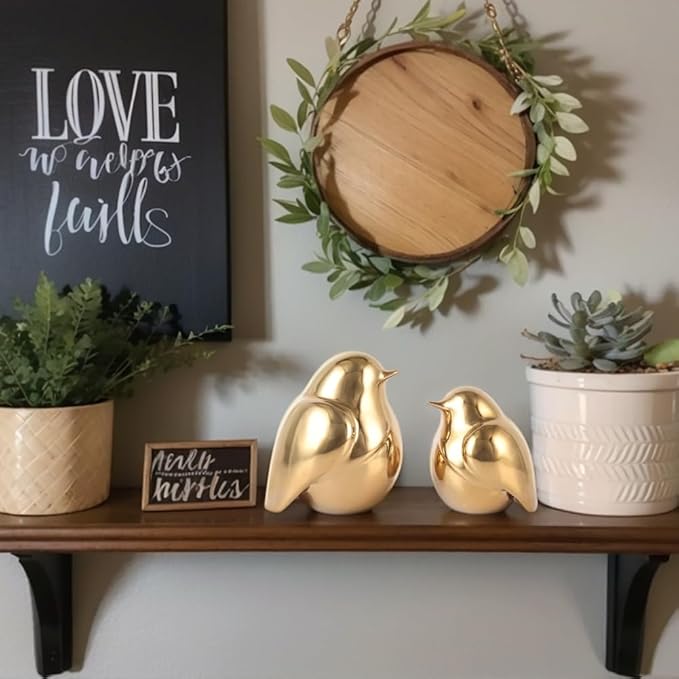 Gold Bird Figurines Set of 2 – Modern Ceramic Birds Sculptures for Shelf Decor, Table Centerpiece, Desk or Mantel Display – Shiny Gold Home Accents for Living Room, Bedroom, Office