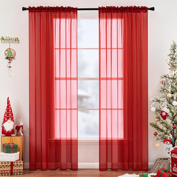 MIULEE 2 Panels Red Solid Color Sheer Christmas Window Curtains Elegant Window Voile Panels/Drapes/Treatment for Bedroom Living Room (54X90 Inches)