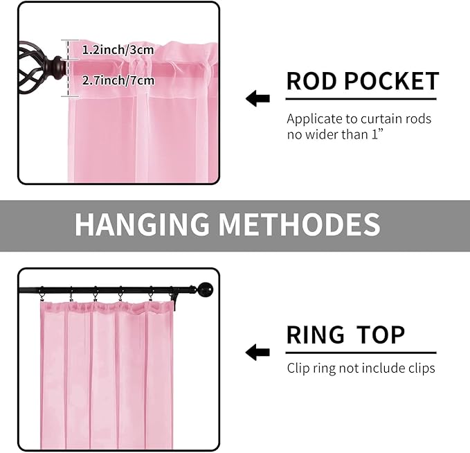 Sheer Curtains 84 Inches Long 2 Panels, Rod Pocket Short Curtain for Kitchen, Bedroom, Cafe Window(Pink 38" W x 84" L)