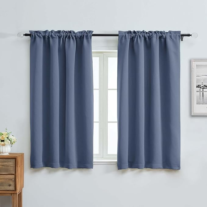 Aiyufeng Denim Blue Short Blackout Curtains for Bedroom 54 Inches Long 2 Panels Set, Solid Thermal Insulated, Energy Saving Window Treatment Curtains Blackout Drapes, W40 x L54 Inch, Denim Blue
