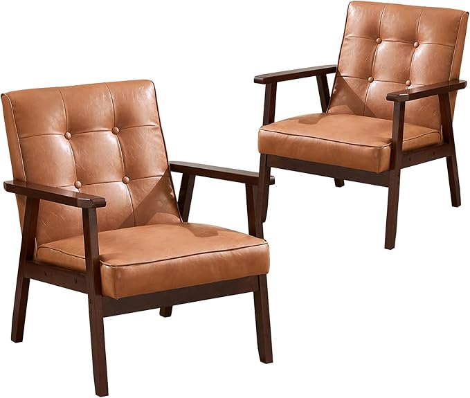 Bonzy Home Mid Century Modern Accent Chair Set of 2 for Living Room, Upholstered Faux Leather Armchair Comfy Retro Bedroom Side Chair with Solid Wood Frame, Orange