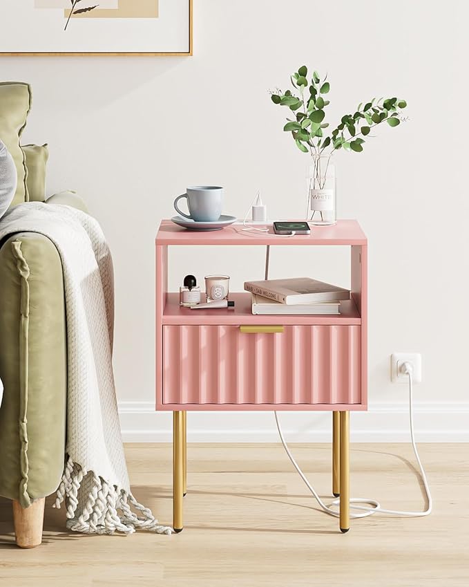 Masupu Nightstand with Charging Station,Mid-Century Modern Bedside Table with Storage Drawer and Open Wood Shelf,Small Gold Frame Side Table for Bedroom,Living Room (Pink Fluted)