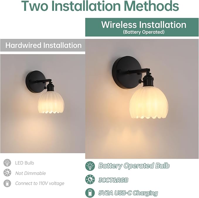 Vintage Battery Operated Wall Sconce with Cute White Tulip Glass Lampshade Wireless Rechargeable Battery Powered Black Wall Light with Remote Control for Bedside Bedroom Doorway