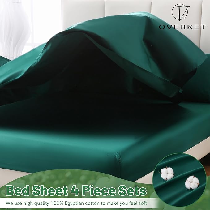100% Egyptian Cotton Sheets King Size 4PCS 1000 Thread Count Sateen Weave Soft Breathable 16-Inch Deep Pocket (King,Dark Green)