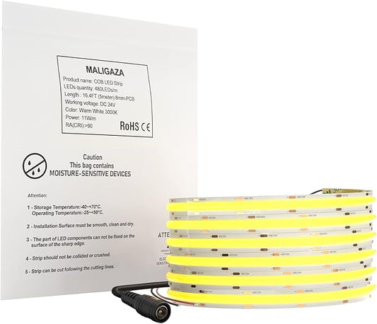 24V Cold White COB LED Strip Light, 480LEDs/m 16.4FT/5M CRI>90, 6000K Cool White Color High Bright LED Tape for House Kitchen Room Decoration (DC24V, Without Power Supply)