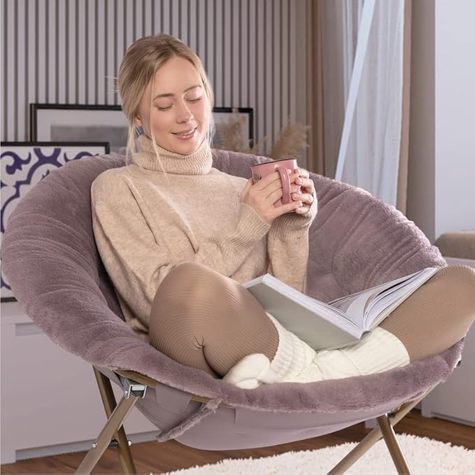 Milliard Saucer Chair For Adults, Teens & Kids, Purple, Faux Fur XL Circle Chair for Bedroom, Dorm & Gaming, Foldable Comfy Accent Seat for Small Spaces, Folding Moon / Mushroom / Round Style