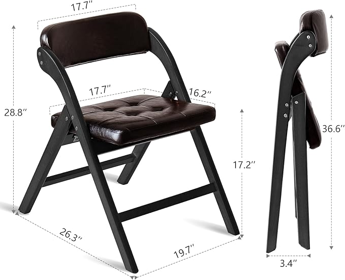 Padded Folding Chairs Set of 2, Wooden Dining Chair, Stackable Wooden Foldable Chair, Wood Folding Chairs with Cushion for Wedding, Guests Kitchen, Office, Party, Picnic Chair (Black Brown)