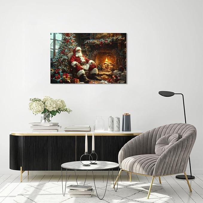 Vintage christmas wall art christmas tree gift canvas poster winter room holiday decor santa claus cozy fireplace decoration for living room bedroom Framed30x20inch