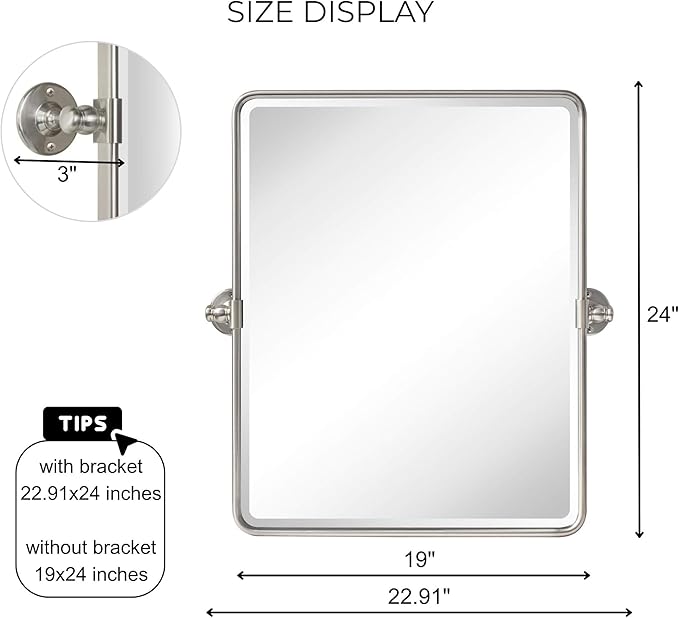 Farmhouse Nickel Metal Framed Pivot Rectangle Bathroom Mirror Rounded Rectangluar Tilting Beveled Vanity Mirrors for Wall, Overall 22.91 x 24 inches (Mirrror 19 x 24 inches)