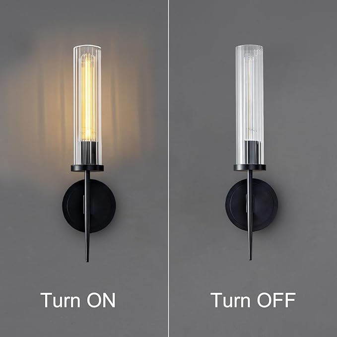 Wall Sconces Set of Two, 17.7'' Black Bathroom Wall Sconce Light with Glass Tube, 2-Light Sconces Wall Lighting Over Mirror Vanity Wall Lights for Living Room, Hallway, Bedroom, Staircase