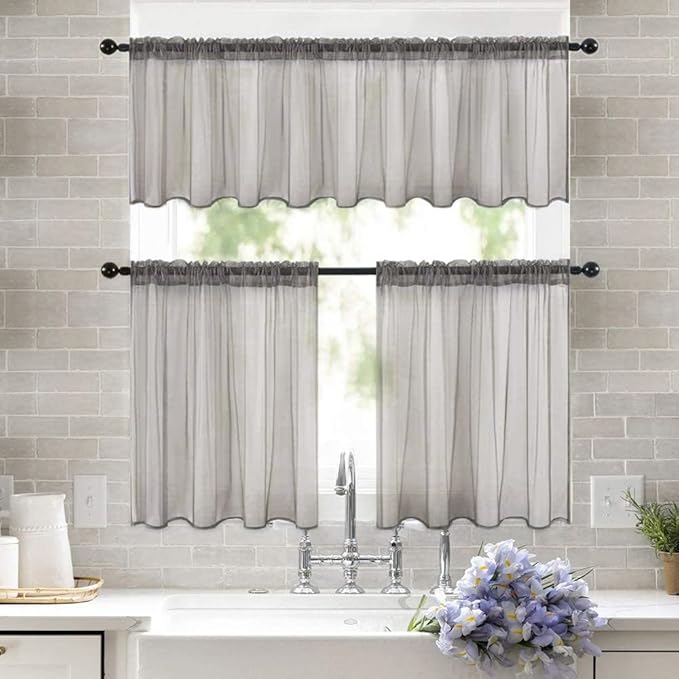 MIULEE Short Sheer Curtains 30 Inch Length for Kitchen Bathroom Cafe Half Window Treatment, Rod Pocket Tier Curtains 2 Panels, 29x30 Inches Long, Grey