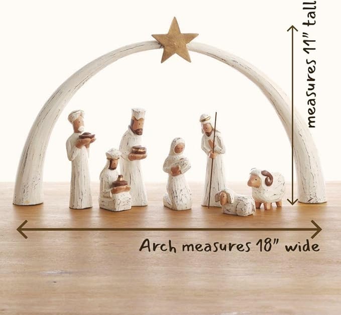 Seasonal Home Decor, Collectible Wood Figurines, Christmas, Religious, Catholic Home, Christian, Wood Nativity Set, Jesus Manger Scene, Holy Family, Tabletop, Rustic, White, Star Arch, Set of 8