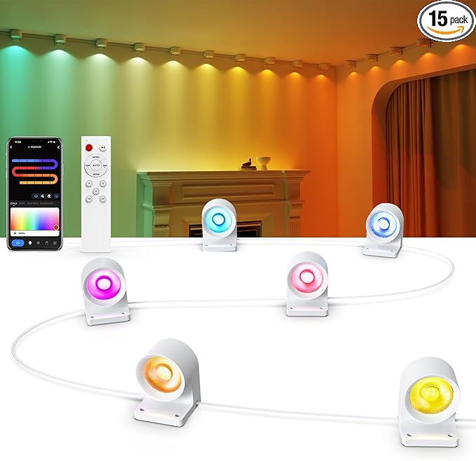 Smart String Downlights with 15 RGBAI+WW+CW LEDs Across 10ft, Feature 46° Dynamic Wave-Like Lighting, App/Voice/Remote Control—Wall String Lights for Bedroom, Indoor Eaves & Wall Decor