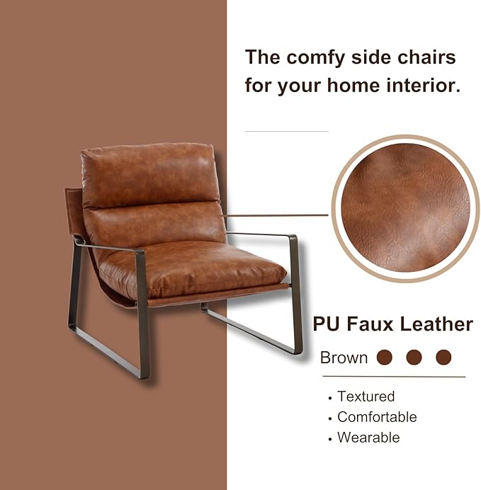 HEAH-YO Modern Accent Chair Set of 1, Upholstered PU Faux Leather Living Room Chair with Bronze Metal Legs, Comfy Arm Side Chair for Bedroom, Brown