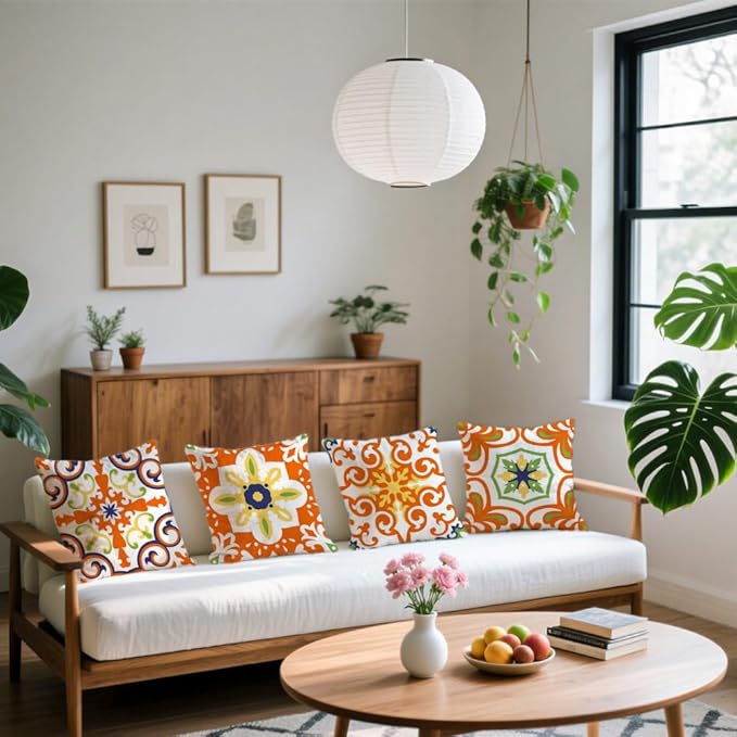 Cirzone Outdoor Pillow Covers 18x18 Set of 4 Morden Orange Geometric Patterns Waterproof Throw Outdoor Pillows Boho Decorations for Funiture Patio Garden Home