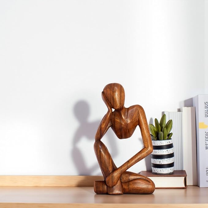 12" Wooden Abstract Thinker Statue, Hand Carved Thinking Man Figurine, Modern Minimalist Sculpture, Handmade Home Decor Accent Gift (Brown)