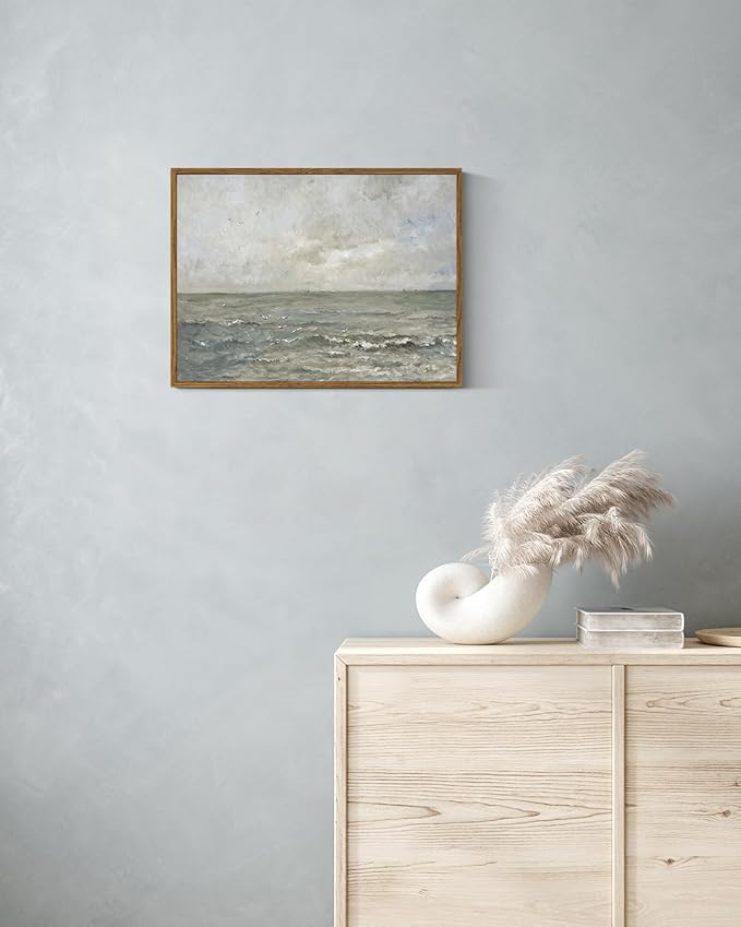 VIYYIEA Ocean Framed Wall Art, Seascape Vintage Art Decor Room Aesthetic, 12x16 Inch Canvas Print Artwork, Calming Landscape Painting Wall Decor for Bedroom Bathroom Office