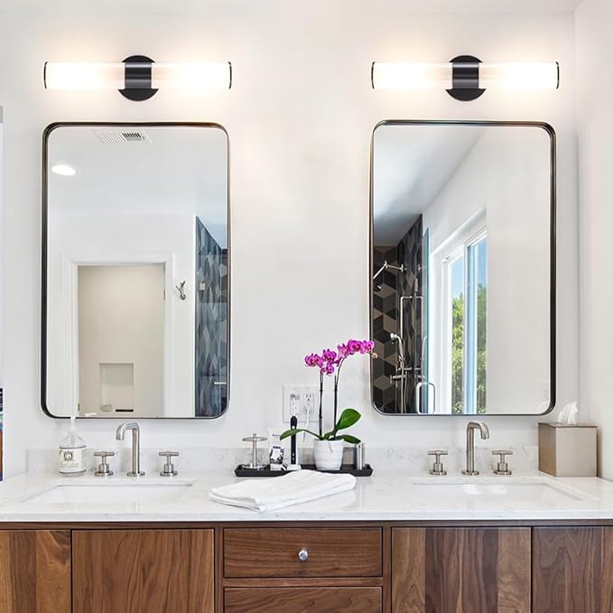 Black Wall Sconces Set of 2, Modern Sconces Wall Lighting, Bathroom Vanity Lights with Opal White Glass Shade, Vanity Sconce over Mirror, Wall Light Fixtures for Living Room Bedroom Hallway Stairs