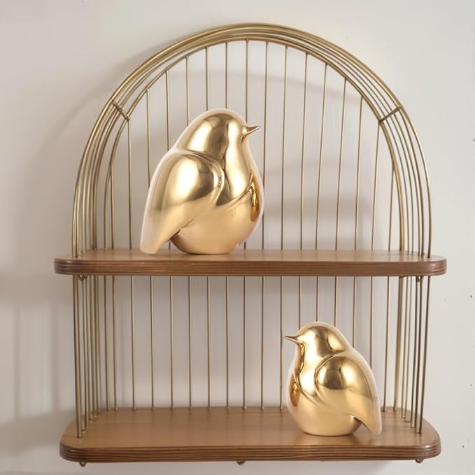 Gold Bird Figurines Set of 2 – Modern Ceramic Birds Sculptures for Shelf Decor, Table Centerpiece, Desk or Mantel Display – Shiny Gold Home Accents for Living Room, Bedroom, Office
