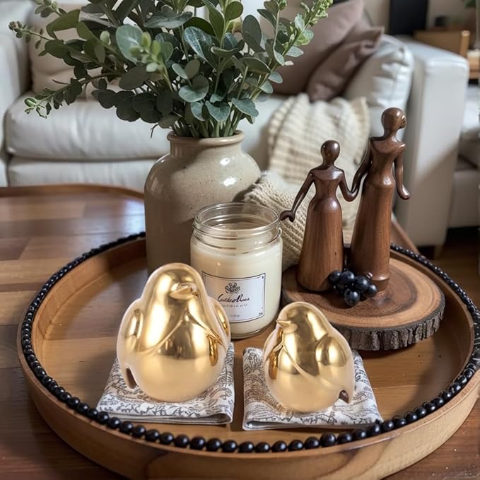Gold Bird Figurines Set of 2 – Modern Ceramic Birds Sculptures for Shelf Decor, Table Centerpiece, Desk or Mantel Display – Shiny Gold Home Accents for Living Room, Bedroom, Office