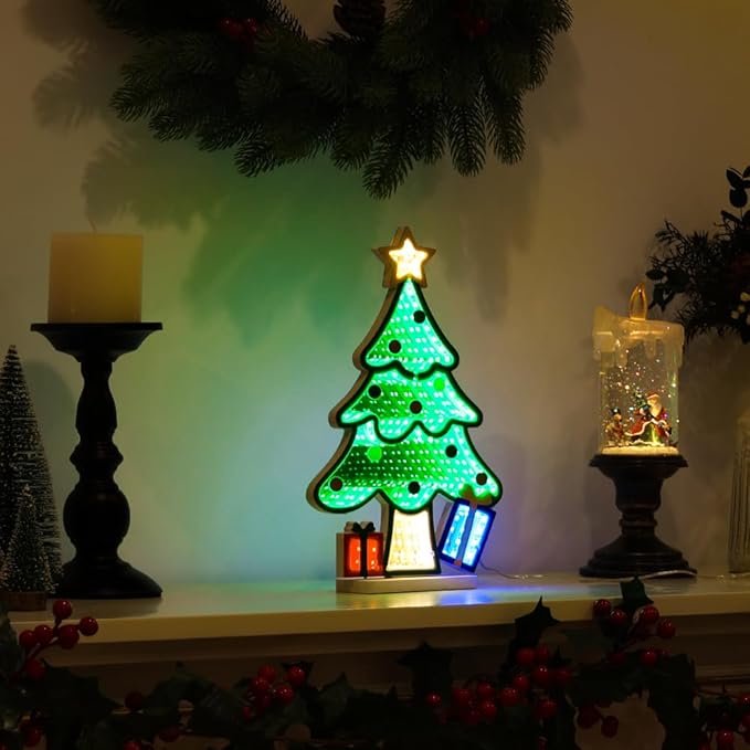 MEETYAMOR Christmas Decorations Indoor, Christmas Tree Infinity Mirror Tunnel Light - 3D Endless Extension LED Night Lamp, USB Powered Colorful Table Centerpiece for Bedroom, Living Room Home Decor