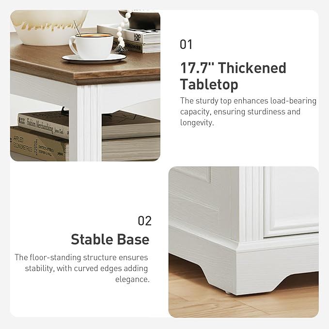 Farmhouse End Table with 2 Drawers, Narrow Sofa Side Table with Storage and Open Shelf, Wooden Nightstand for Small Spaces, Bedroom, Living Room, White and Walnut