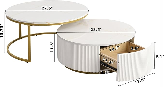 27.6" Modern Round Nesting Coffee Table Fluted with Drawer for Living Room in White & Gold