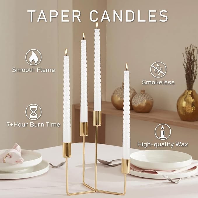 12 Pack 10 Inch White Spiral Taper Candles - Smokeless Unscented, 7-Hour Long Burning, Dripless Hand Poured - Tall Candlesticks for Home Decor, Weddings, Special Occasions & Events