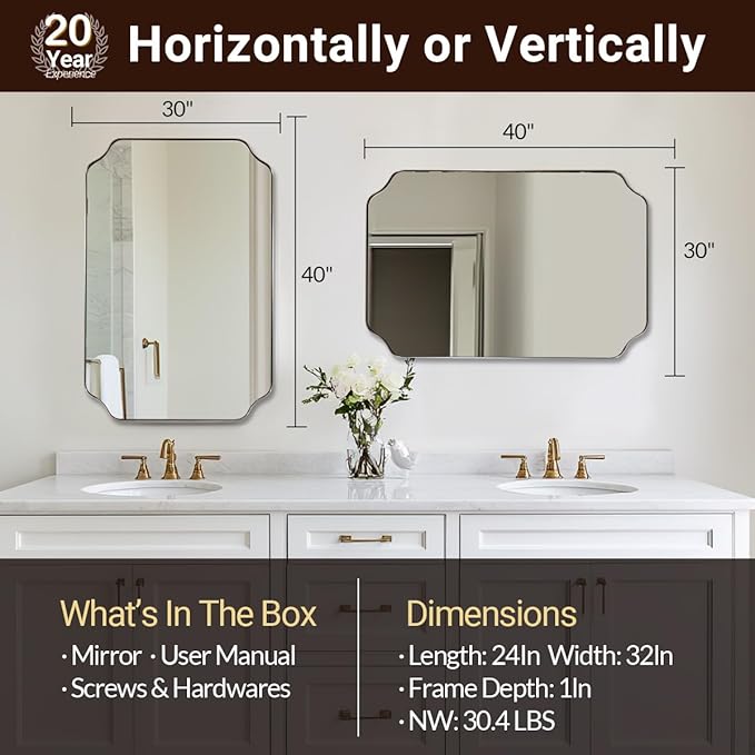 ANDY STAR Brushed Nickel Mirror 30x40 Inch, Rectangle Bathroom Mirror for Wall, Large Scalloped Wall Mirror in Anti-Rust Stainless Steel Metal 1’’ Frame, Wall Mounts Horizontally or Vertically