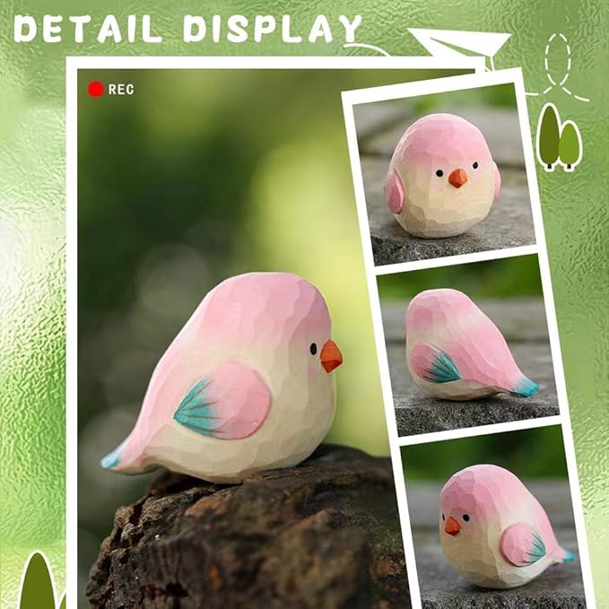Bird Figurines Small Bird Figurines Home Decor Hand Carved Painted Wooden Statues for Home Decor, Gift for Bird Lovers,Housewarming, Birthday, Christmas (Pink)