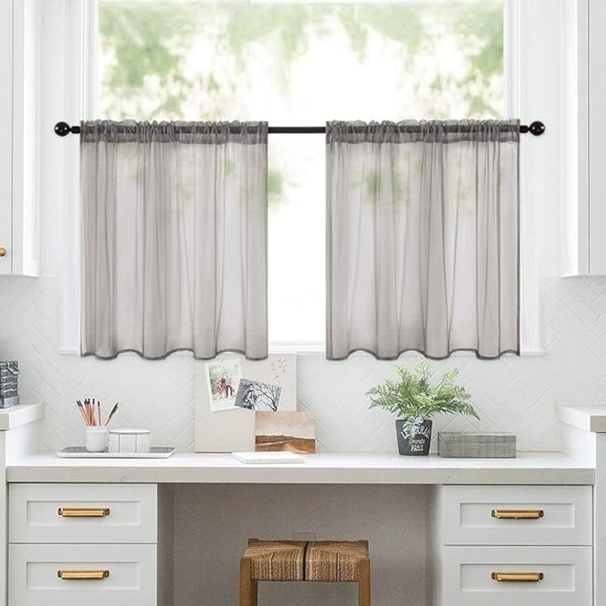 MIULEE Short Sheer Curtains 30 Inch Length for Kitchen Bathroom Cafe Half Window Treatment, Rod Pocket Tier Curtains 2 Panels, 29x30 Inches Long, Grey