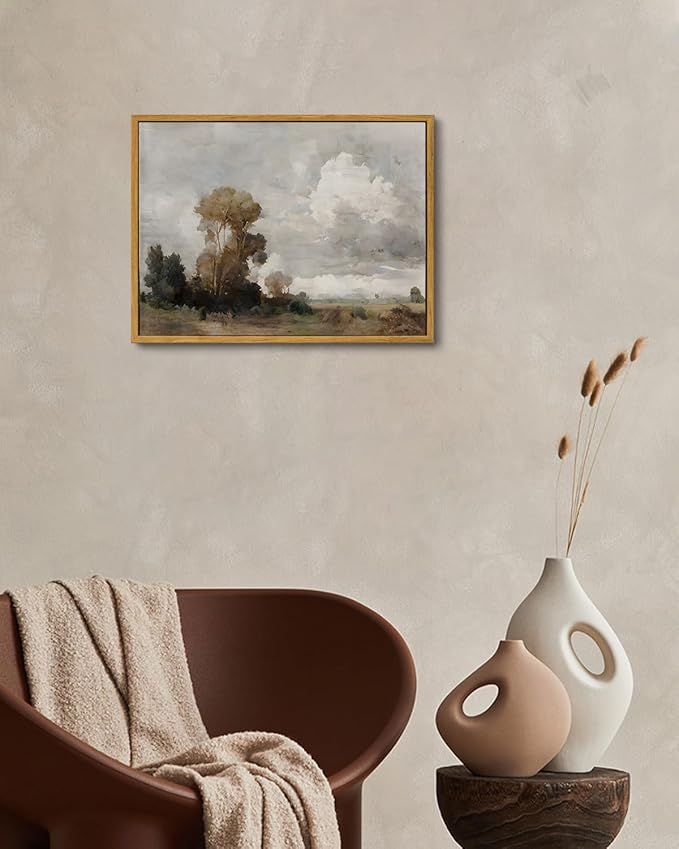 KISSFOX Autumn Vintage Landscape Canvas Wall Art Fall Farmhouse Countryside Scene Clouds Trees Oil Painting Framed Wall Art Prints Artwork For Living Room Bedroom Kitchen