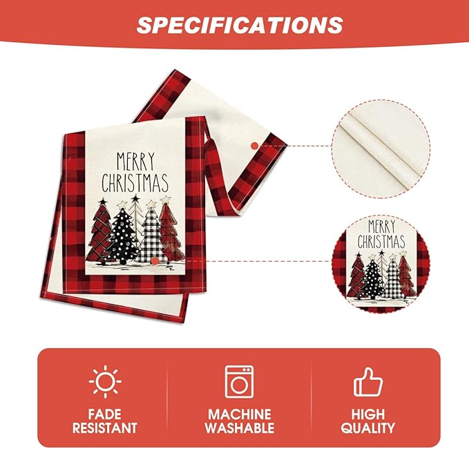 Artoid Mode Watercolor Red and Black Buffalo Plaid Christmas Trees Merry Xmas Table Runner, Seasonal Winter Holiday Kitchen Dining Table Decoration for Indoor Outdoor Home Party Decor 13 x 60 Inch