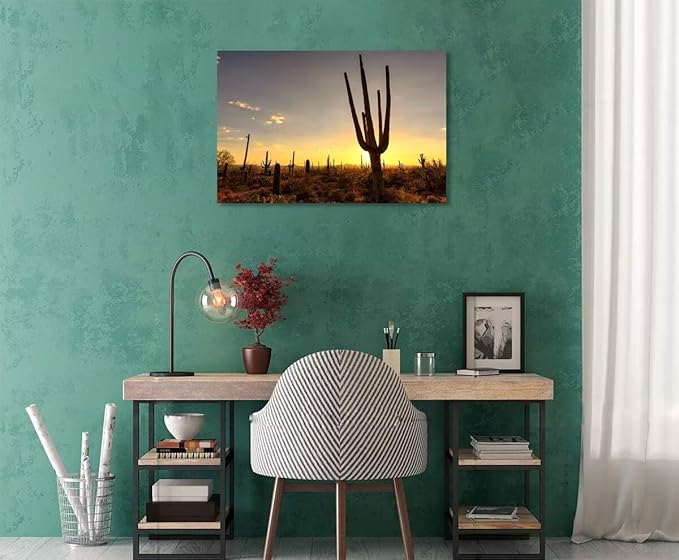Sunset at Saguaro National Park Picture Wall Art for Living Room Bedroom Bathroom Home Decorations Arizona Cactus Landscape Poster Framed Artwork Canvas Prints Ready to Hang(12''H x 16''W)
