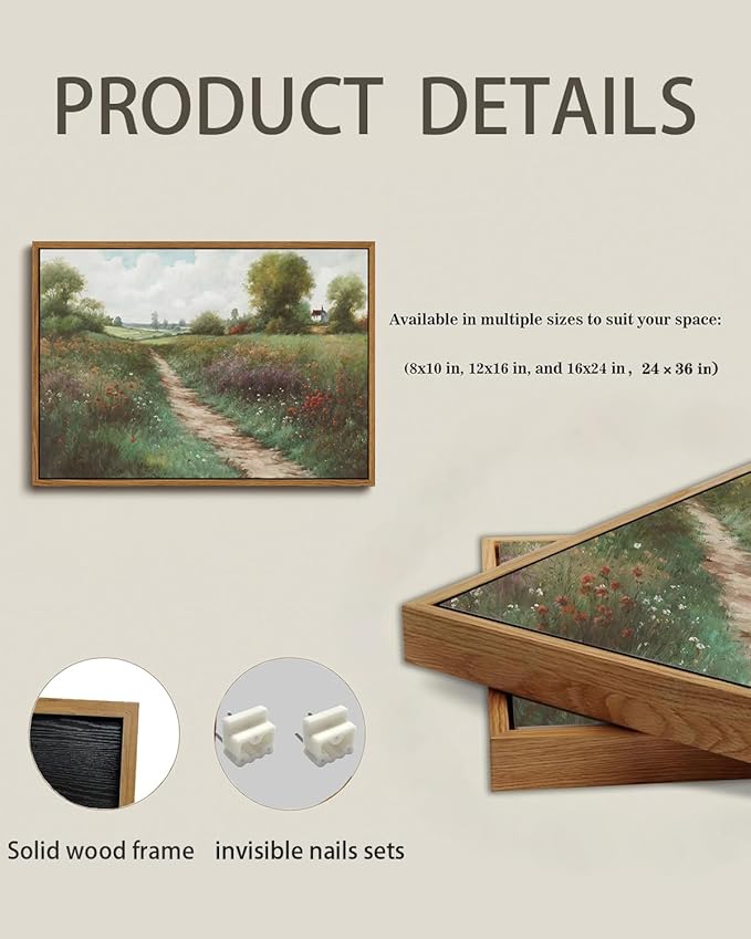 KISSFOX Vintage Landscape Canvas Wall Art Summer Farmhouse Wildflower Field Path Framed Wall Art Natural Countryside Cottagecore Paintings Artwork Rustic Art Prints For Bedroom Bathroom Living Room