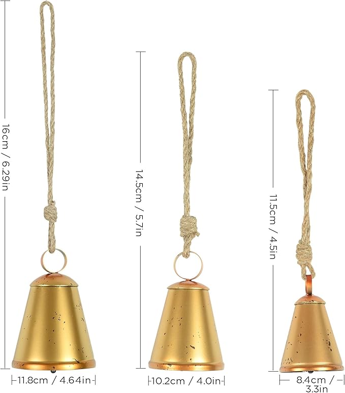 Styleonme Vintage Handmade Lucky Christmas Bells - 3-Piece Set of Harmonious Metal Indoor & Outdoor Blessing Bells Hanging on a Rope