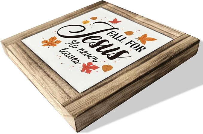 Rustic Wood Sign, Fall Decor, Box Wood Plaques Desk Décor, Maple Leaves Decor, Tabletop Decoration, Shelf Decorative, Decorative Plaques and Signs, Farmhouse Style Home Decoration, Fall for Jesus He Never Leaves