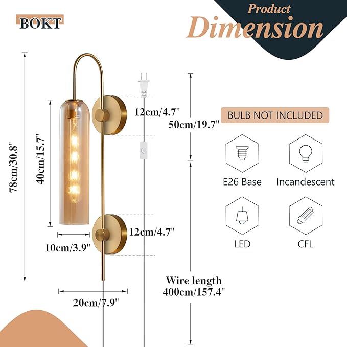 BOKT Modern 1-Light Amber Glass Wall Sconce Plug in Mid Century Brass Gold Wall Sconce Lighting Plug in Cord Industrial Vintage Indoor Long Bathroom Bar Wall Lamp (Amber)