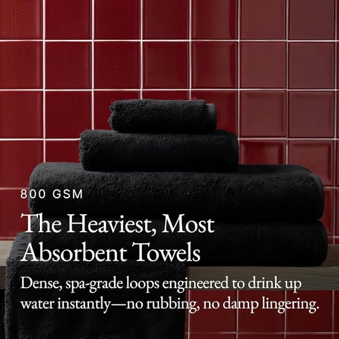 Italic Ultraplush 100% Australian Cotton Towels Standard 6 Piece Set, 2 Bath, 2 Hand, 2 Washcloths, 800GSM Lightweight, Highly Absorbent Quick Dry Soft Resort Grade Towels (Black)