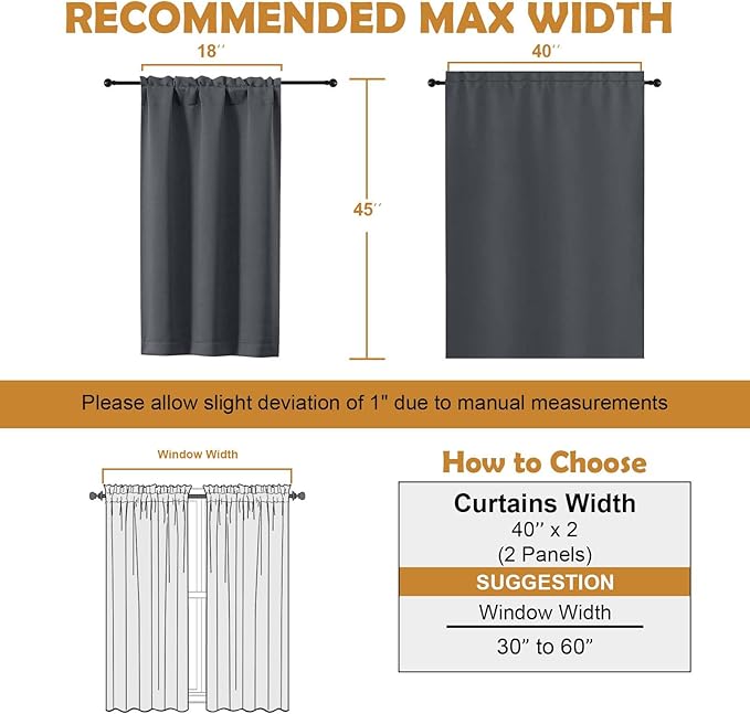 Aiyufeng Grey Short Blackout Curtains for Bedroom 45 Inches Long 2 Panels Set, Solid Thermal Insulated, Energy Saving Window Treatment Curtains Blackout Drapes, W40 x L45 Inch, Grey