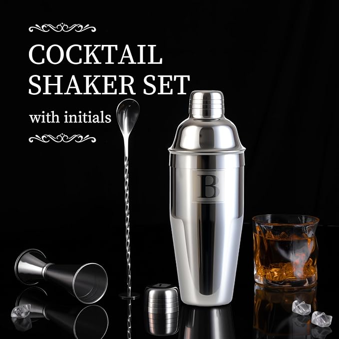24oz Cocktail Shaker Set with 1 oz 2oz Jigger - Monogramm Initials Martini Shaker Set - 304 Stainless Steel Bar Shaker for Margarita,Mojito-Personalized Gift for Friend,Husband-G