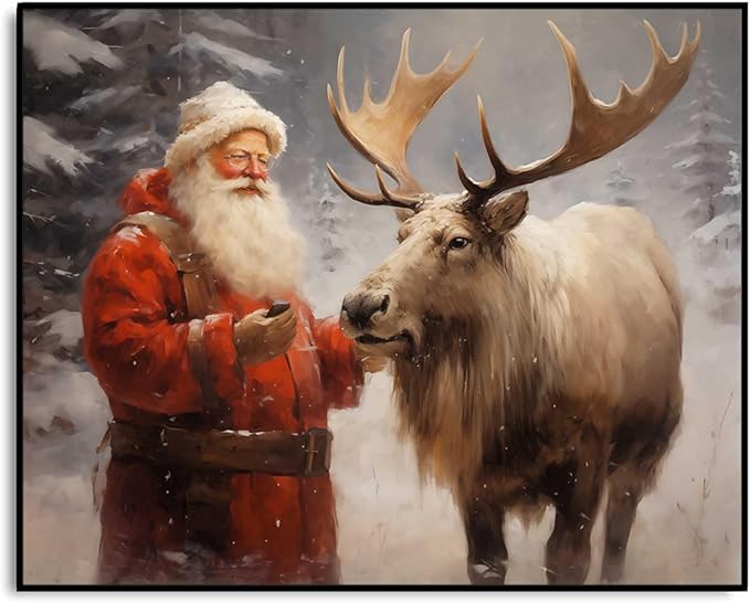 Santa's Reindeer Print, Vintage Christmas Wall Art, Christmas Painting Decor Christmas Art, Santa Claus and Reindeer Xmas Home Decor Trendy Poster Rustic Nordic Decor Winter