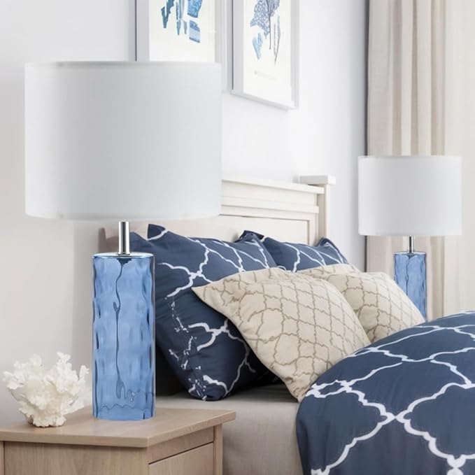 21.7" Modern Glass Table Lamps Set of 2 for Bedroom, Ocean Wavy Style Base with 3 Color Temperatures Bedside Lamps for Coastal Living Room Night Stands End Tables Farmhouse