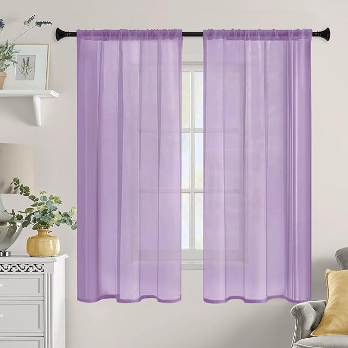 Sheer Curtains 63 Inches Long 2 Panels, Rod Pocket Short Curtain for Kitchen, Bedroom, Cafe Window(Lavender 38" W x 63" L)