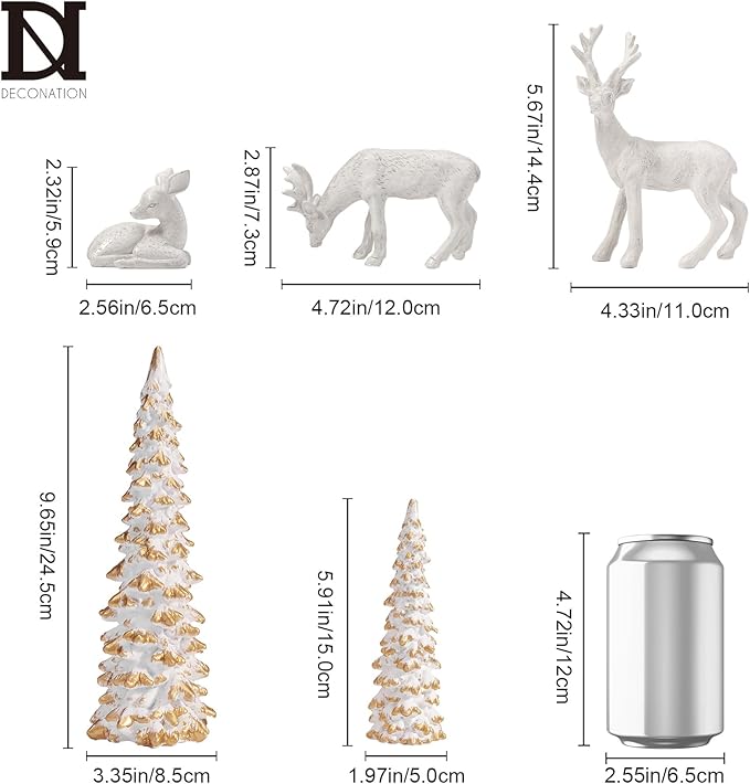 DN DECONATION Reindeer and Christmas Tree Decoration Set of 5 – Xmas Deer Figurines and Tree Statues – White & Gold Resin Christmas Figurines for Table Decor, Mantle Decor, Holiday Decorations Indoor